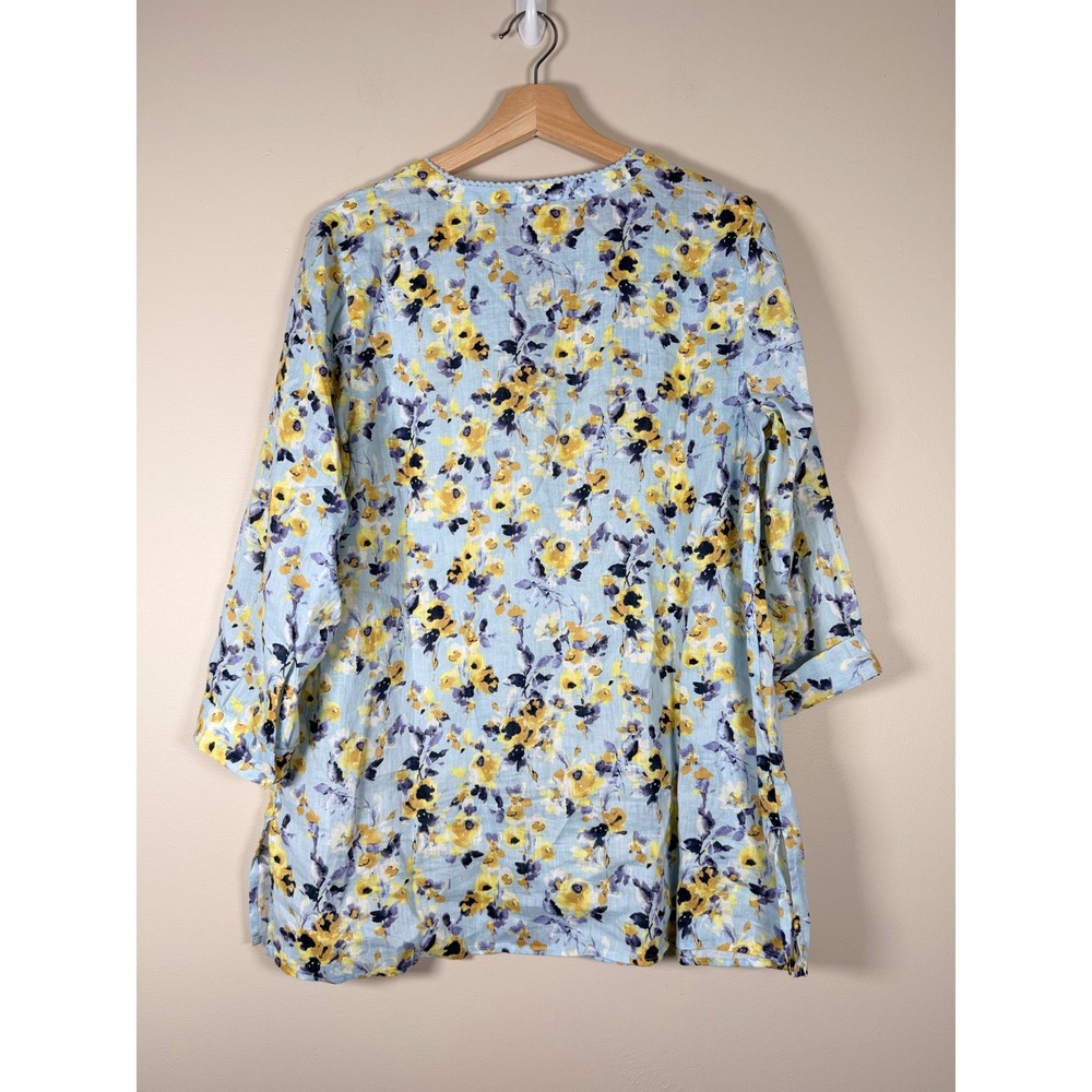 J.Jill Love Linen Floral Watercolor Tunic Top Blue Yellow 3/4 Sleeve‎ Small - Picture 3 of 8